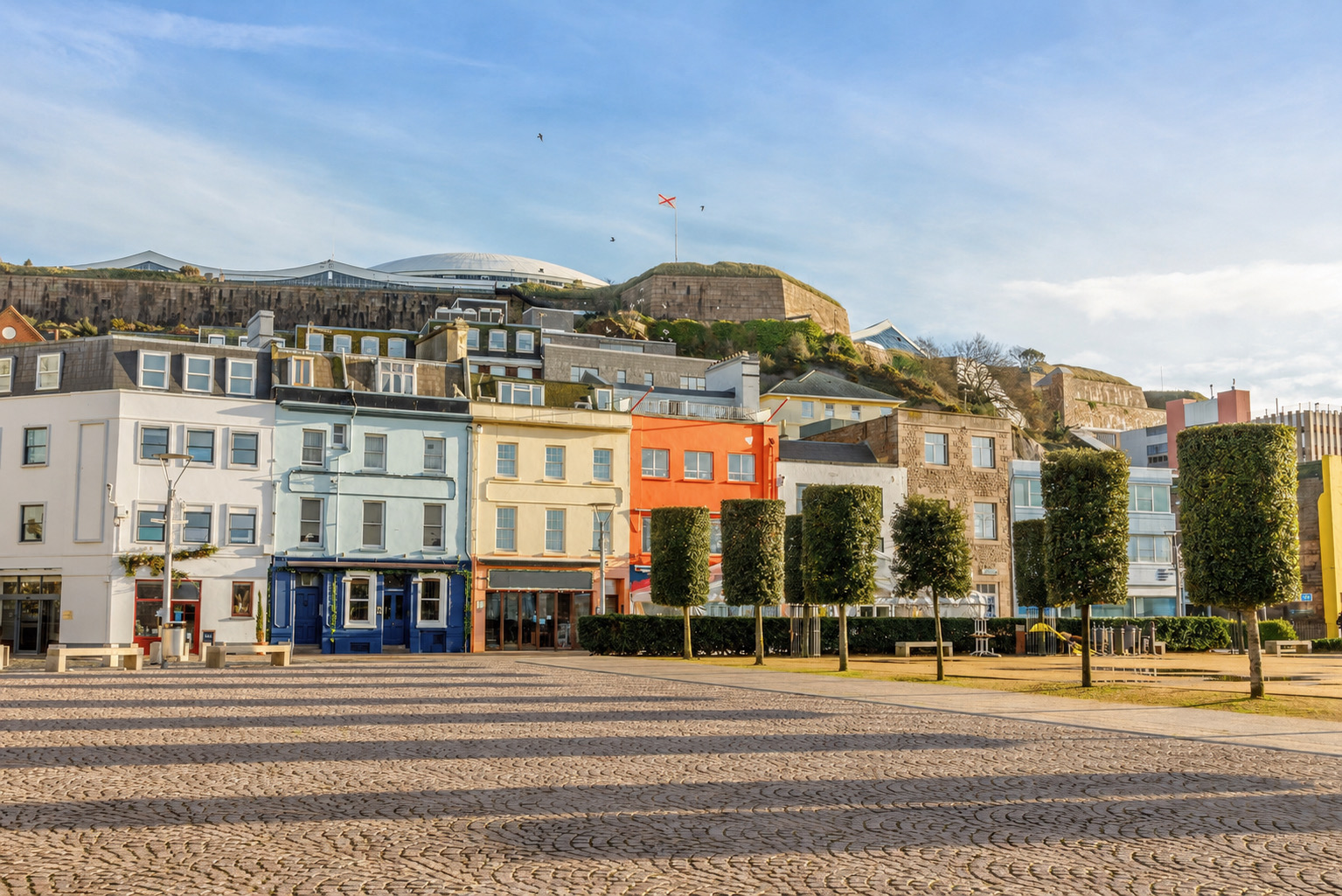 Liberation Square and Fort Regent in St Helier, Jersey